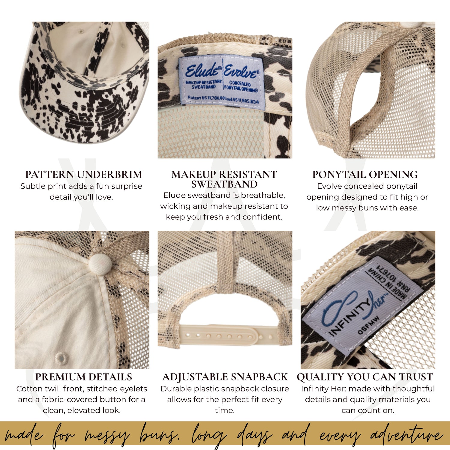 Close-up feature collage of the Zestful Productions women’s vanilla mesh-back ponytail trucker hat showing longhorn pattern underbrim, makeup-resistant sweatband, concealed ponytail opening, breathable mesh back, adjustable snapback closure, and premium stitched details.