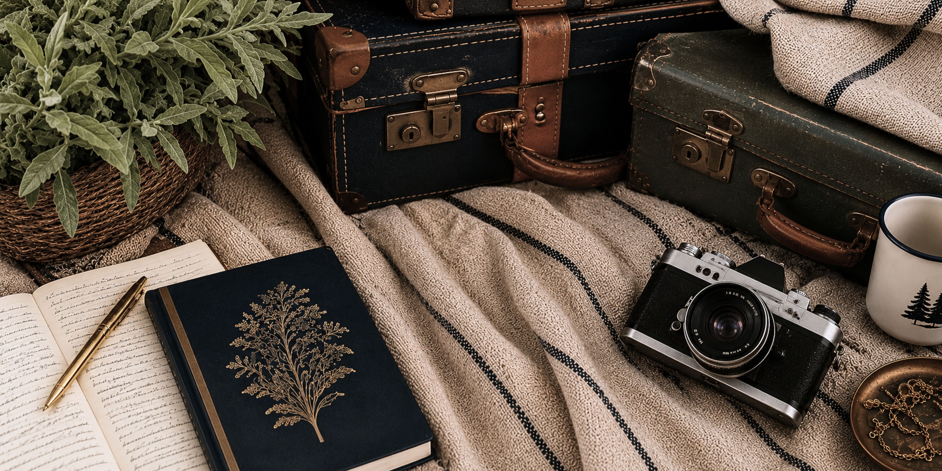 Vintage-inspired flat lay featuring travel suitcases, a journal, camera, enamel mug, and cozy textiles representing the stories, treasures, creativity, and adventure behind Zestful Productions' creative lifestyle brand.