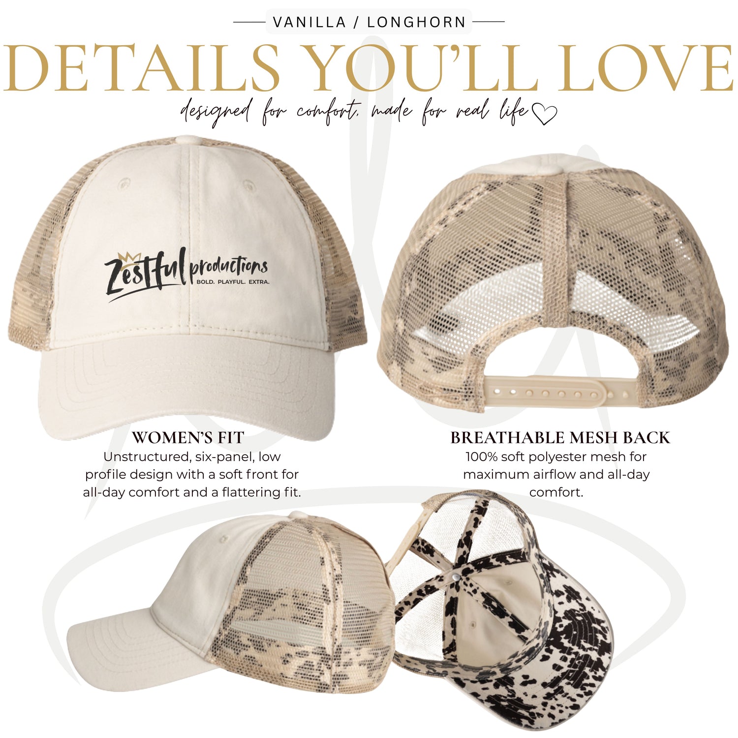 Infographic showing feature details of the Zestful Productions vanilla women’s mesh-back ponytail trucker hat with longhorn underbrim, breathable mesh back, adjustable fit, and low-profile unstructured design.