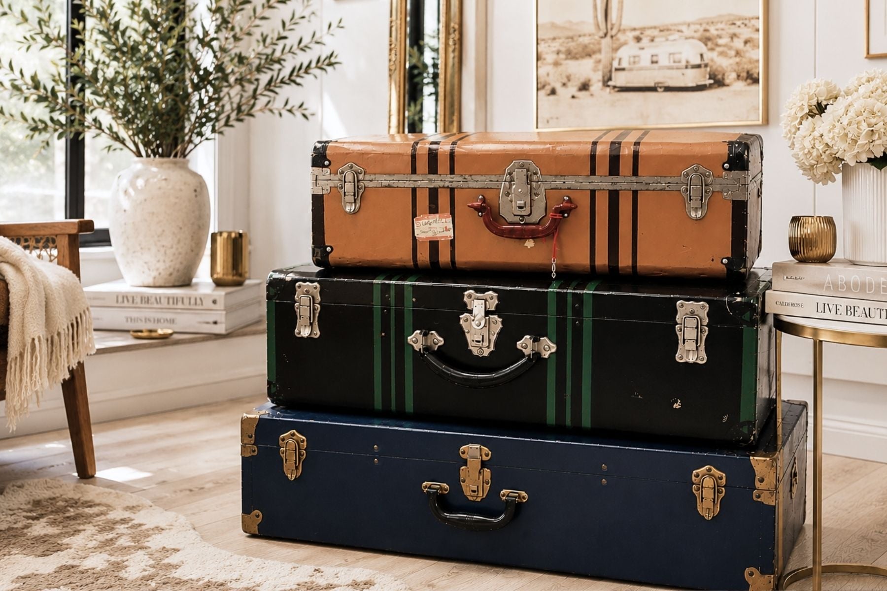 Curated vintage suitcases displayed in a warm home interior with travel decor, books, and neutral styling, showcasing the storytelling and adventure-inspired aesthetic of Zestful Productions.
