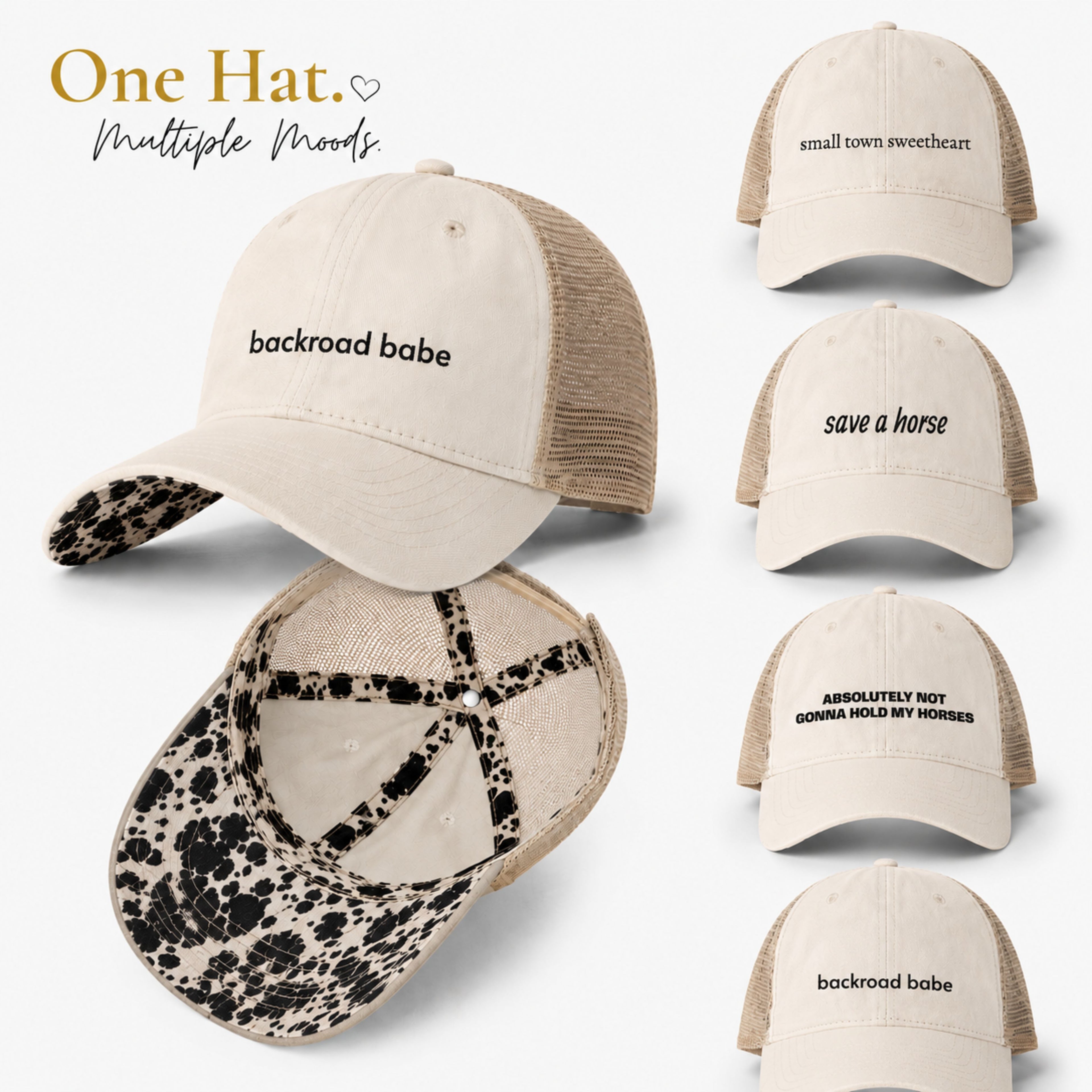 Cream western mesh-back ponytail trucker hat with cow print longhorn undervisor shown in multiple embroidered phrase variations including backroad babe and save a horse