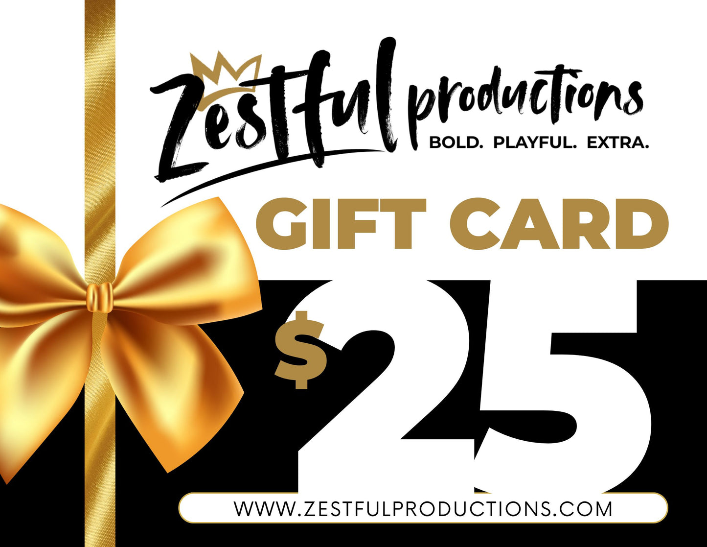 Zesty Productions $25 digital gift card with gold bow design