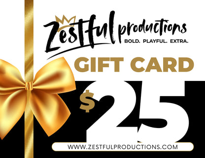 Zesty Productions $25 digital gift card with gold bow design