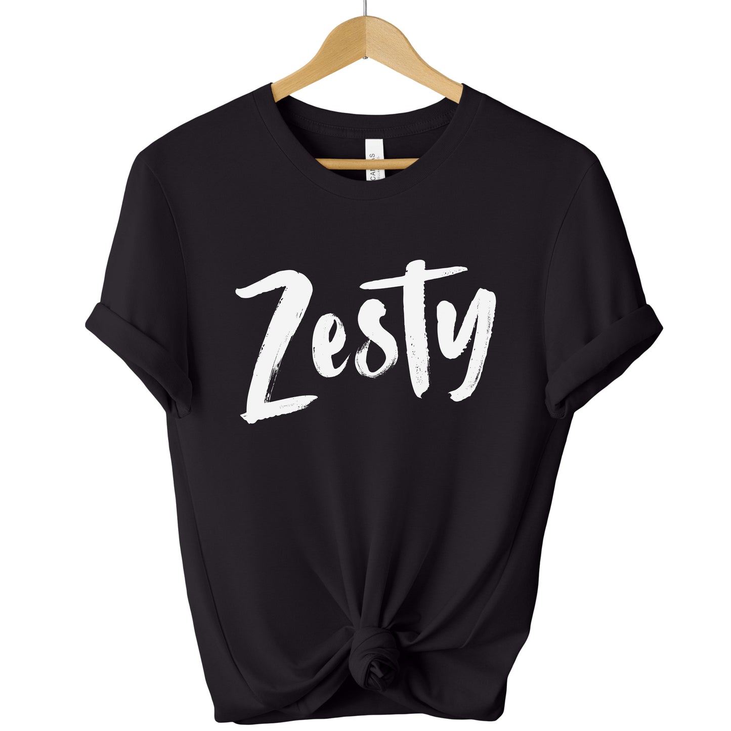 Black Zesty Statement Tee featuring minimalist script typography