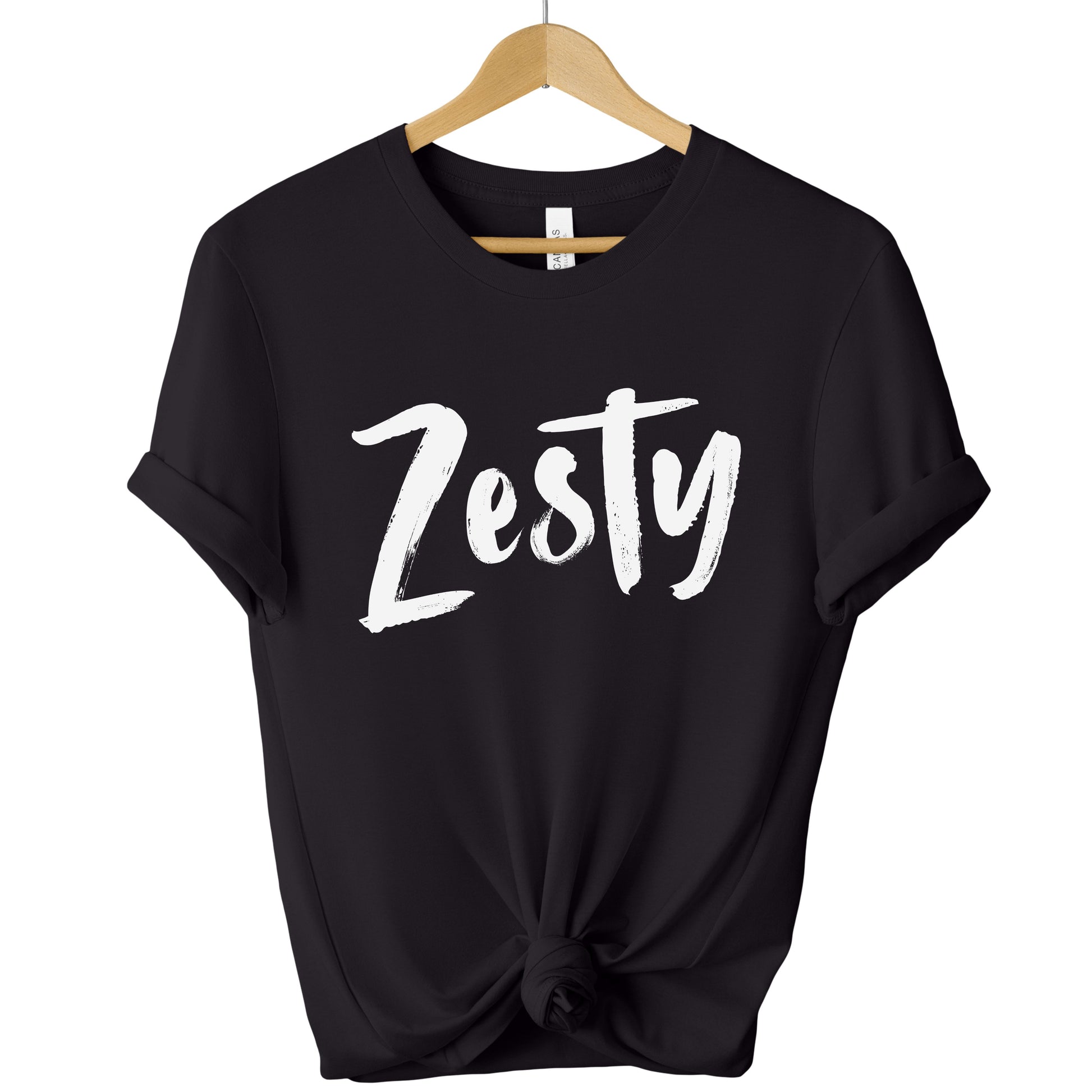 Black Zesty Statement Tee featuring minimalist script typography