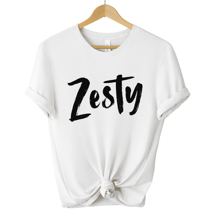 White Zesty Statement Tee featuring minimalist script typography