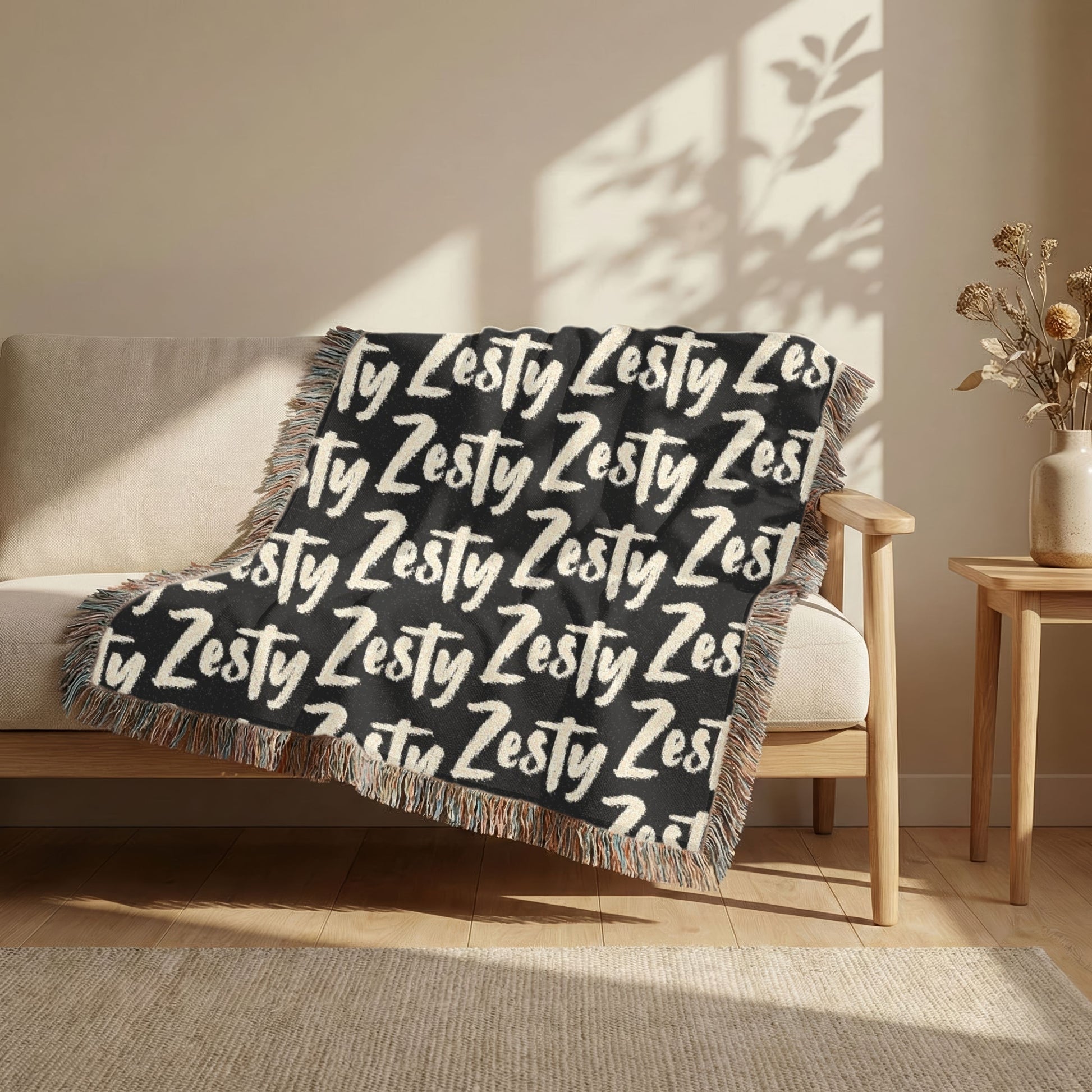 Black blanket with white text draped over a chair in a room with sunlight filtering through a window.